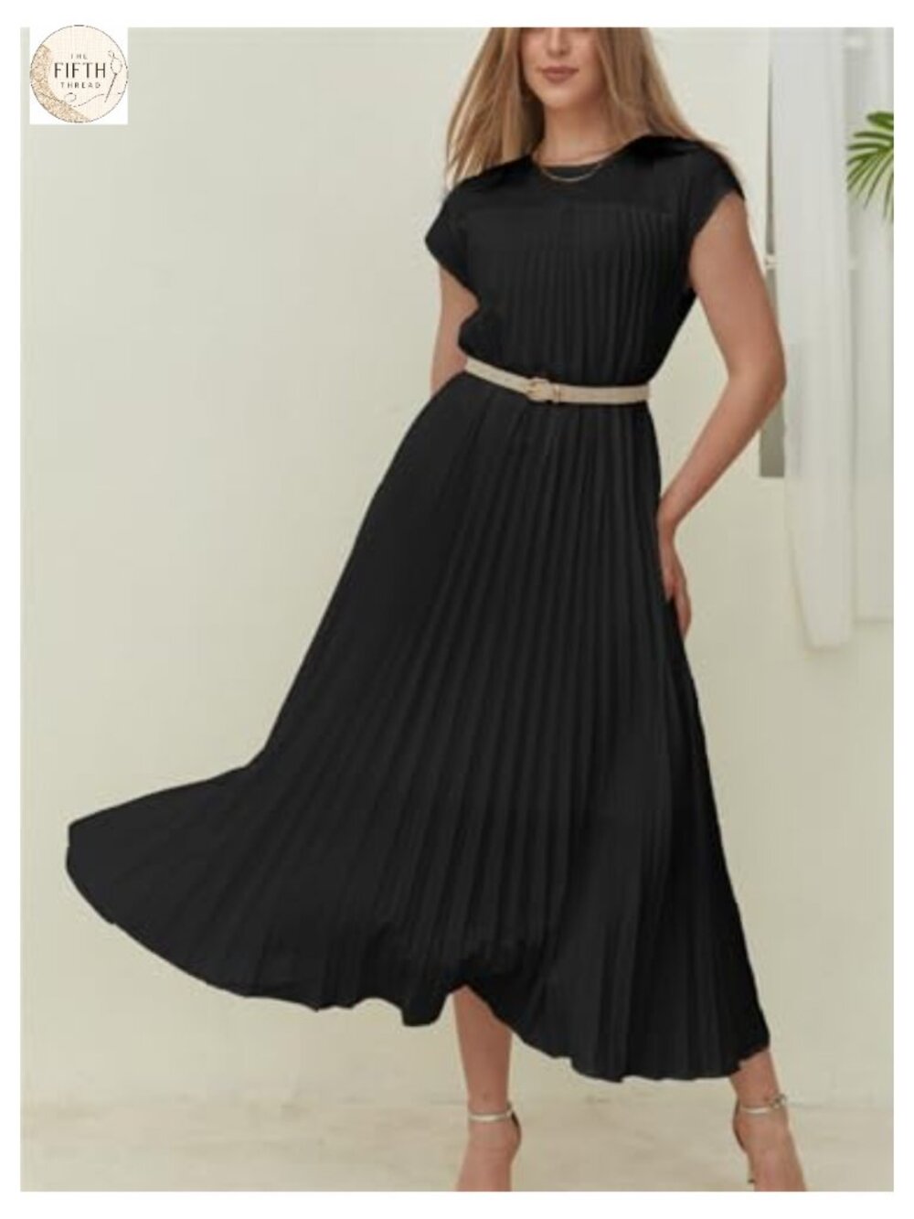 Women's Pleated Maxi Dress Short Sleeve Crewneck Flowy Swing Long Dress with